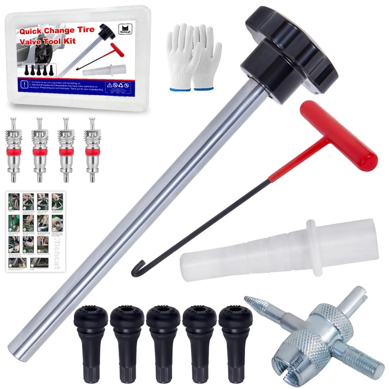 Richcat Quick Change Tire Valve Tool Kit Tire Valve Stem Core Quickly Replacement Tool Kit Perfect Tool for Replacing Leaky Valves in Cars ATVs Trucks Motorcycles  etc.with 5 TR413 Valve 4-Way Valve Tool - Image 1